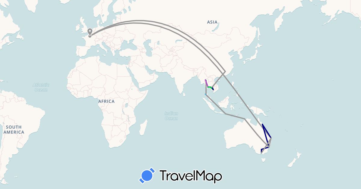 TravelMap itinerary: driving, bus, plane, train, boat in Australia, China, France, Hong Kong, Indonesia, Cambodia, Thailand (Asia, Europe, Oceania)