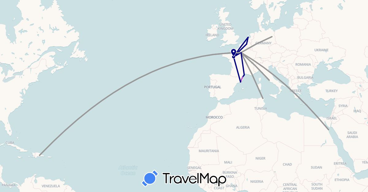 TravelMap itinerary: driving, plane, train in Belgium, Germany, Dominican Republic, Egypt, Spain, France, Italy, Netherlands, Tunisia (Africa, Europe, North America)
